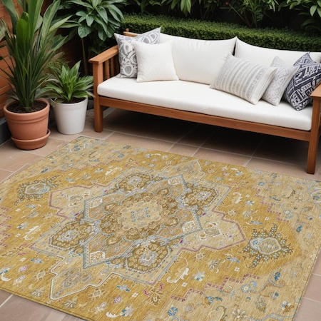 Homeroots 9' X 12' Gold Beige And Blue Oriental Washable Indoor Outdoor Area Rug 600160