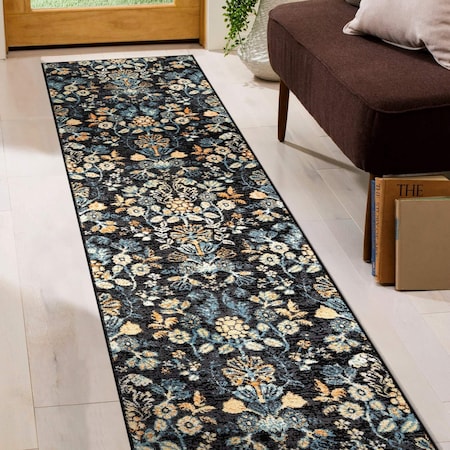 World Rug Gallery Symmetrical Floral Runner Rug 2 ft 3 in x 8 ft Black WR146BLACK2X8