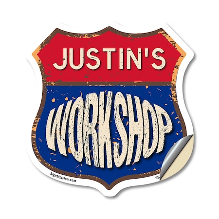 Signmission Justin's Workshop, 18 Inch X 18 Inch, Vinyl Decal SHI-D-18-489-JUSTIN