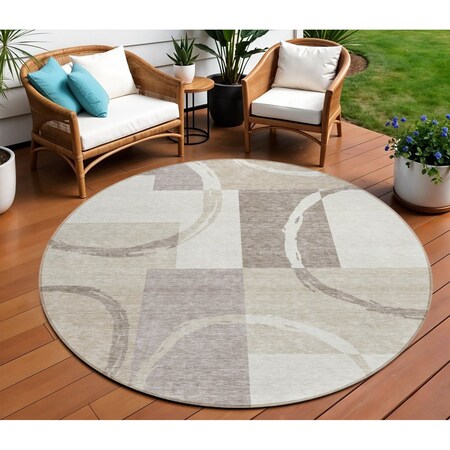 Homeroots 8' Ivory And Beige Round Geometric Washable Indoor Outdoor Area Rug 612583