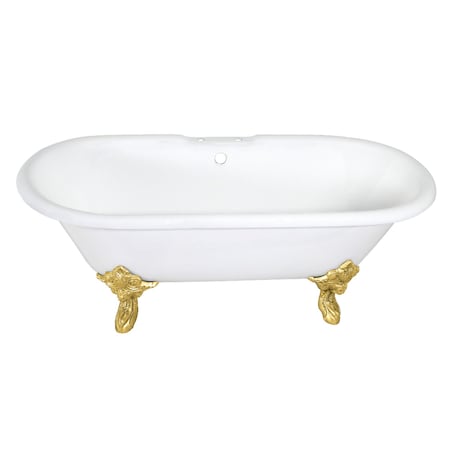 Kingston Brass 72" Cast Iron Oval Double Ended Clawfoot Tub, 7" Faucet Drillings, White/Brushed Brass VCT7DE7232NL7
