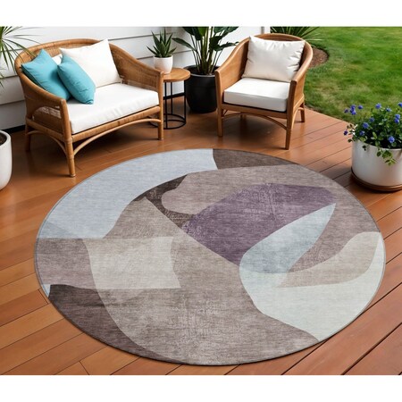 Homeroots 8' Brown And Taupe Round Abstract Washable Indoor Outdoor Area Rug 630443