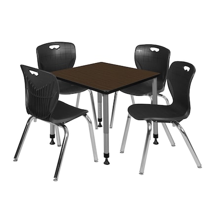 Regency Square Kee Adjustable Classroom Table W/ 4 Andy Stack Chairs, 30 in W, 30 in L, Neo Walnut TB3030NWAPGY40BK