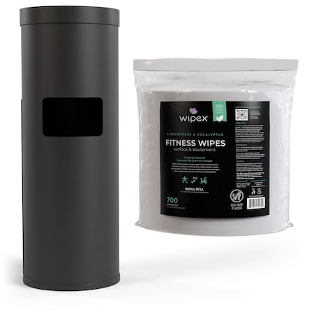 Wipex Plant-Based Fitness Wipes 700ct Bundle, 1 Roll + Black Floor Dispenser w/ Trash Can WX72225BFD1LERP