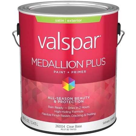 Valspar Medallion Plus 2600 Latex Paint, Acrylic Base, Satin Sheen, Clear Base, 1 gal, Plastic Can 028.0026004.007