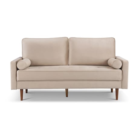 Homeroots 69" Beige Velvet Sofa And Toss Pillows With Dark Brown Legs 543709