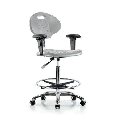 Blue Ridge Ergonomics CL100CleanRoom Chair-High Bench Height with Adjustable Arms, Chrome Foot Ring, &Casters in Gray Poly CLR-TPHBCH-CR-A1-CF-CC-GRY