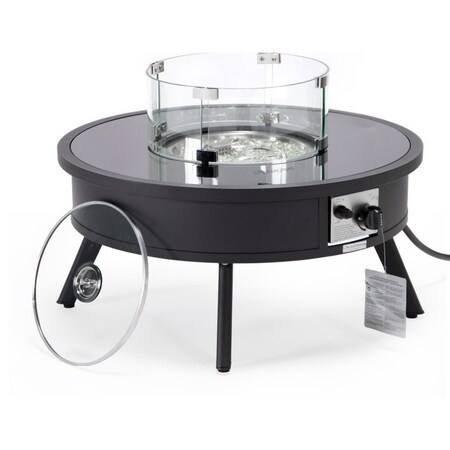 Leisuremod Walbrooke Outdoor Patio Aluminum Round Fire Pit Side Table with Lid and Fire Glass, Black WBL-29-GL