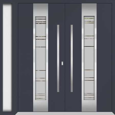 Vdomdoors Metal Double Doors Deux 0757 Gray Graphite Frosted Glass 1 Sidelight Entry Modern Painted 88x96 (W7 DEUX0757DEXD-GRE-W72+16xH96-LH-O