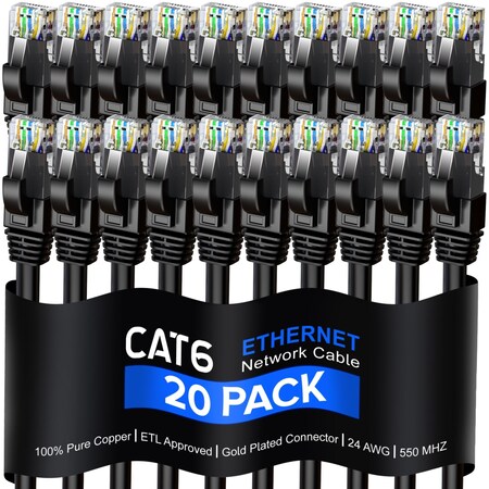 Maximm 1.5ft Cat6 Pure Copper UTP Ethernet Cable, 20PK, Black, 20PK CAT61.5FT20PKBlack