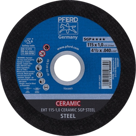 Pferd Cut-Off Wheel, Type 1, 4-1/2 in Dia, 0.040 in Thick, 7/8 in Arbor Hole Size, Ceramic Oxide 63657
