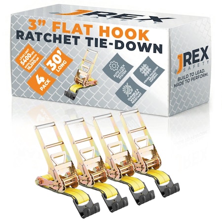 Jrex Safety 4PK HD Ratchet Straps with Flat Hooks, Yellow 3 in x 30 ft Tie Downs RTD330-JR-FH-4PK