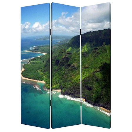 Homeroots 72" Blue And Green Canvas Folding Three Panel Screen Room Divider 277088