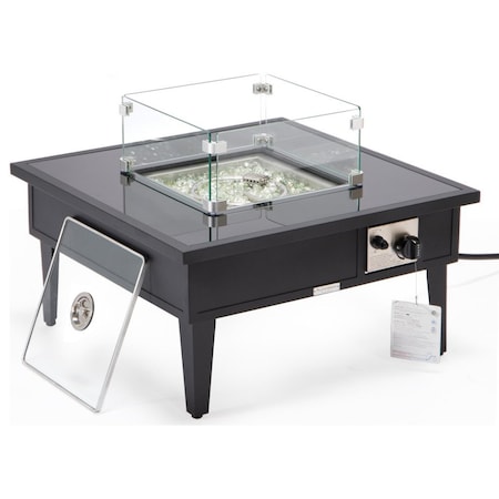 Leisuremod Walbrooke Outdoor Patio Aluminum Square Fire Pit Side Table with Lid and Fire Glass, Black WBL-27-GL