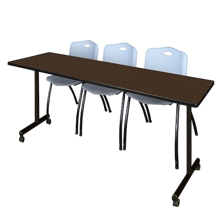 Regency Kobe Mobile T-Base Training Table W/ 2 M Stack Chairs, 84 in W, 24 in L, Neo Walnut MKTRCC8424NW47GY