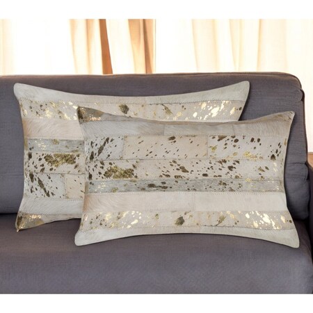 Homeroots Set of Two 12" X 20" Natural and Gold Patchwork Cowhide Lumbar Throw Pillows with Glitter, 2PK 544635