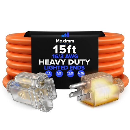 Maximm 15ft Lighted Outlet Saver Extension Cord, Orange 1OUT-EXT-OR-LITEND-15FT