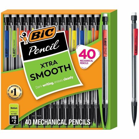 Bic Xtra Smooth Mechanical Pencil, 0.7 mm, HB #2, Black Lead, Clear Barrel, 40PK MPP40MJ-BLK