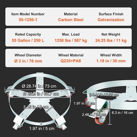 Vevor 55 Gal Drum Dolly Heavy Duty Barrel Cart 1250lbs with Swivel Casters Steel 55-1250-1