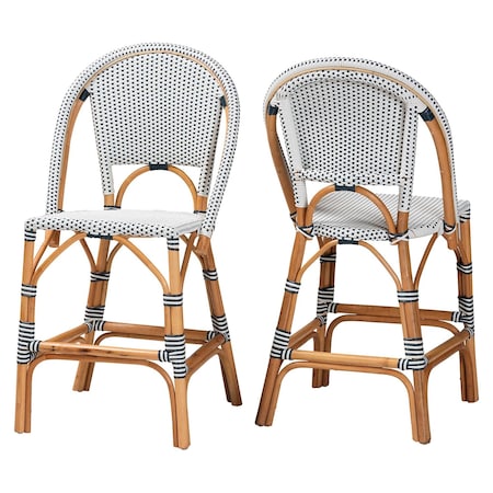 Bali & Pari Genica Classic French Two-Tone Navy and White Weaving and Natural Rattan 2-Piece Counter Stool Set 251-2PC-13956-ZORO