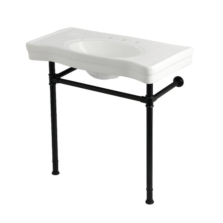 Kingston Brass 36" Ceramic Console Sink with Stainless Steel Legs, 8-Inch, 3-Hole, White/Matte Black KVPB36198W380