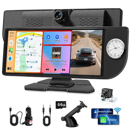 Wrightmaster 10.26 in HD Touch Screen Car Stereo, with CarPlay, Android Auto, White Built-in Clock, Dual Cameras ZR-S-Dial-white