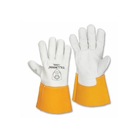 Tillman MIG Welding Gloves, 1350, Top Gr Cowhide Palm/BOH/Split CH Cuff, 3XL, Pearl/Bourbon Brn, 4 in Str, 6PK 724-13503X