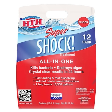 Hth Super Shock 52026 Pool Chemical, 12 lb Bag, Granular, Chlorine, White, 12PK 52037R