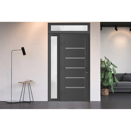 Vdomdoors Front Exterior Prehung Metal-Plastic Door, Manux 8415 Antracite Grey, Side and Top Sidelite Transom MANUX8415EXD-ANT-W32+12xH80+14-RH