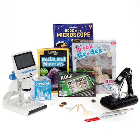 Amscope Kid's Natural Geode Explorer Set featuring 1080P HD Portable LCD Digital Color Microscope, Ultimate KVB-GEO-140-EXP