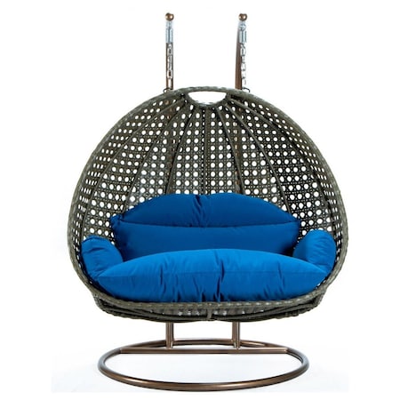 Leisuremod Beige Wicker Hanging 2 person Egg Swing Chair with Blue Cushions ESCBG-57BU