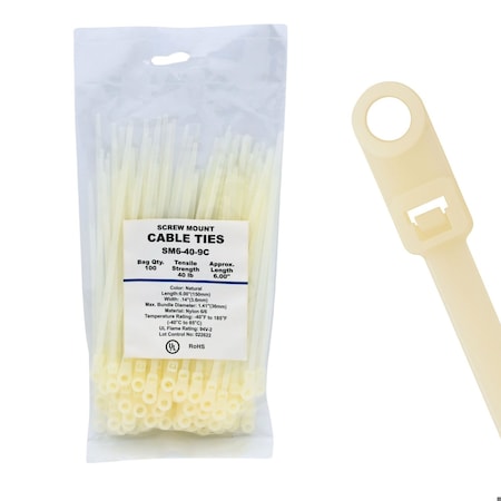 Cable Ties Unlimited Screw Mount Cable Tie, 6 in L, 40 lb Strength, 1.4 in Max Bundle Dia, Nylon, Natural, 100PK SM6-40-9C