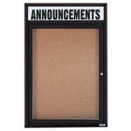 Aarco Enclosed Natural Pebble Grain Cork Bulletin Board, Header Black Powder Coated Al Frame, 24''Hx18''W DCC2418RHBK