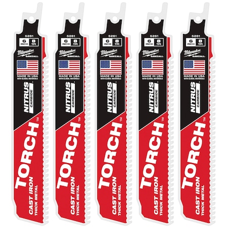 Milwaukee Tool 6 in. 8 TPI SAWZALL THE TORCH w/ NITRUS CARBIDE Reciprocating Saw Blade, Cast Iron & Metal, 5 PK 48-00-5561