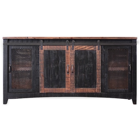 Homeroots 68" Black Solid Wood Cabinet Enclosed Storage Distressed TV Stand 528708