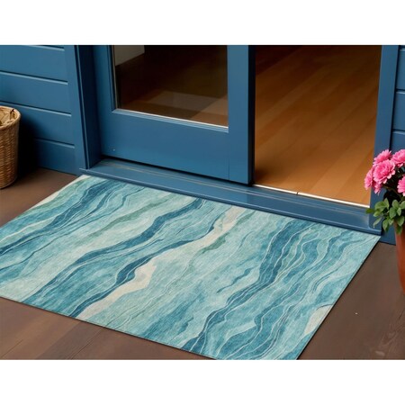 Homeroots 3' X 5' Turquoise Striped Washable Indoor Outdoor Area Rug 608130