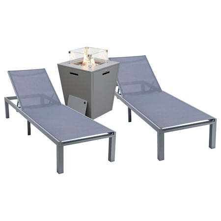 Leisuremod Marlin Grey Aluminum Patio Chaise Lounge Chair Set of 2 with Square Fire Pit Table, Dark Grey MLGRCF21-77DGR2