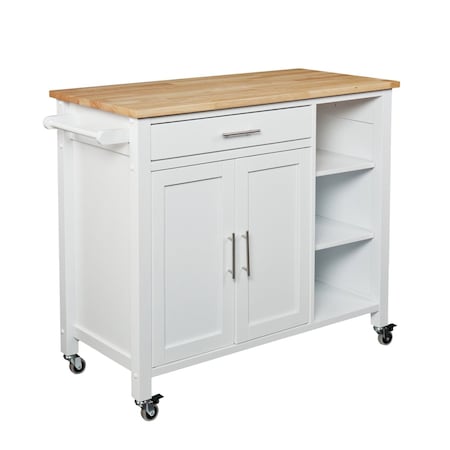 Homeroots 42in Natural and White Butcher Block and Iron Rolling Kitchen Cart With Storage 402544