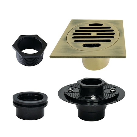 Kingston Brass 4" Brass Square Grid Shower Drain with Hair Strainer and Base Flange, Antique Brass BSFK4262AB