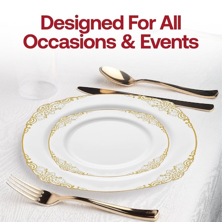 Smarty Had A Party 7.5" White with Gold Fancy Round Disposable Plastic Salad Plates, 120PK 8887-WHG-CASE