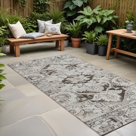 Homeroots 8' Runner Ivory and Dark Brown Oriental Washable Non Skid Indoor Outdoor Runner Rug 563764