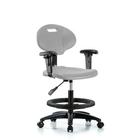 Blue Ridge Ergonomics Poly Chair - Medium Bench Height with Black Foot Ring, Adjustable Arms, & Casters in Gray Poly TPMBCH-RG-A1-BF-RC-GRY