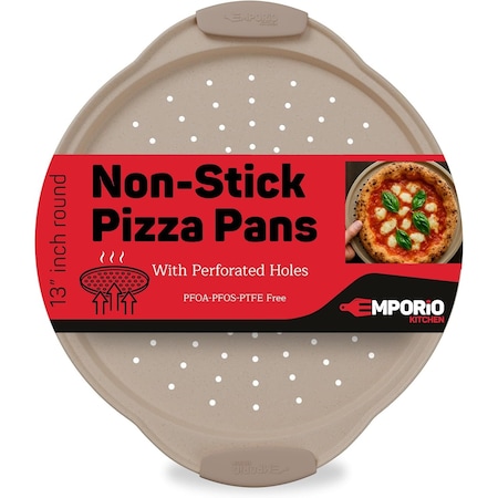 Emporio Kitchen Non-Stick Pizza Pan with Silicone Handle, 13in Carbon Steel, Perforated, White Marble EKPIZAPSIL1WHT