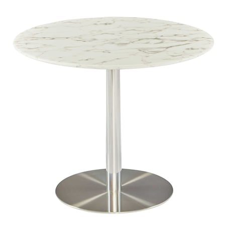 Homeroots White And Silver Marble And Stainless Steel Pedestal Base Round Top Dining Table 370427