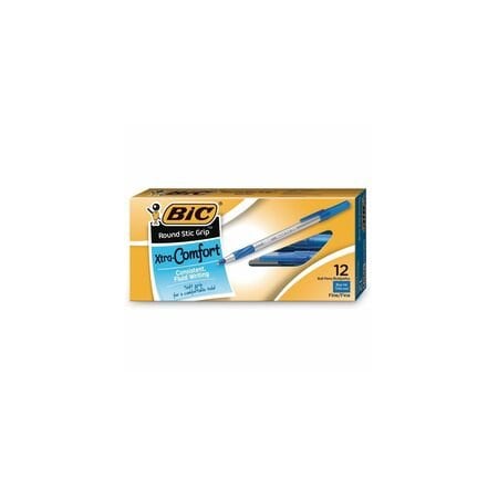 Bic Round Stic Grip Xtra Comfort Ballpoint Pen, Stick, Fine 0.8 mm, Blue Ink, Gray/Blue Barrel, 12PK GSFG11 BLU