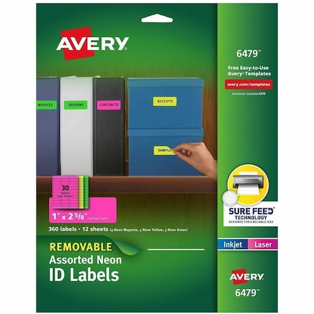 Avery Dennison Avery, HIGH-VIS REMOVABLE LASER/INKJET ID LABELS W/ SURE FEED, 1 X 2 5/8, NEON, 360PK 6479