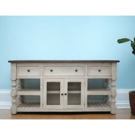 Homeroots 81" Ivory Solid Wood Open shelving Distressed TV Stand 528761