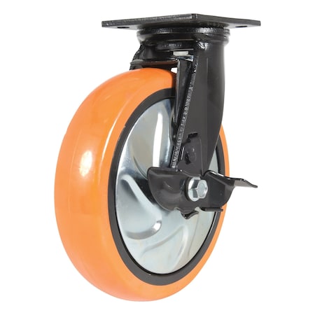 Vestil Polyurethane Swivel With Brake Caster 8 In. Diameter x 2 In. Width 925 lb Orange/Silver CST-E6-8X2PUP-SWB