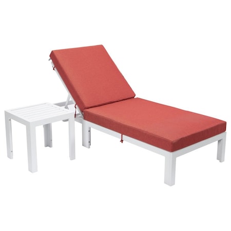 Leisuremod Chelsea Modern Outdoor White Chaise Lounge Chair With Side Table & Red Cushions CLTW-77R