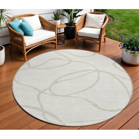 Homeroots 8' Ivory And Beige Round Abstract Washable Indoor Outdoor Area Rug 597489